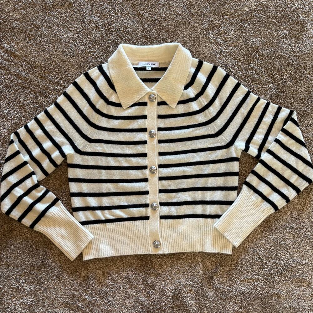 Veronica Beard Solene Cashmere Cardigan Ivory Black Striped Button Up Old Money